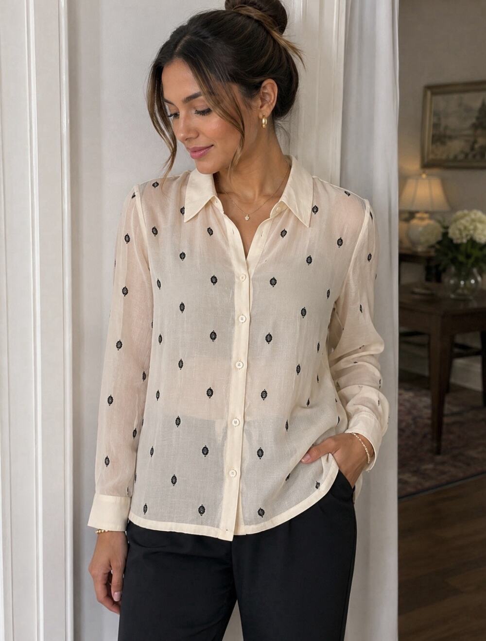 Zozo Cream Sheer Organza Embroidered Beaded Button Front Top Sz M NWT
